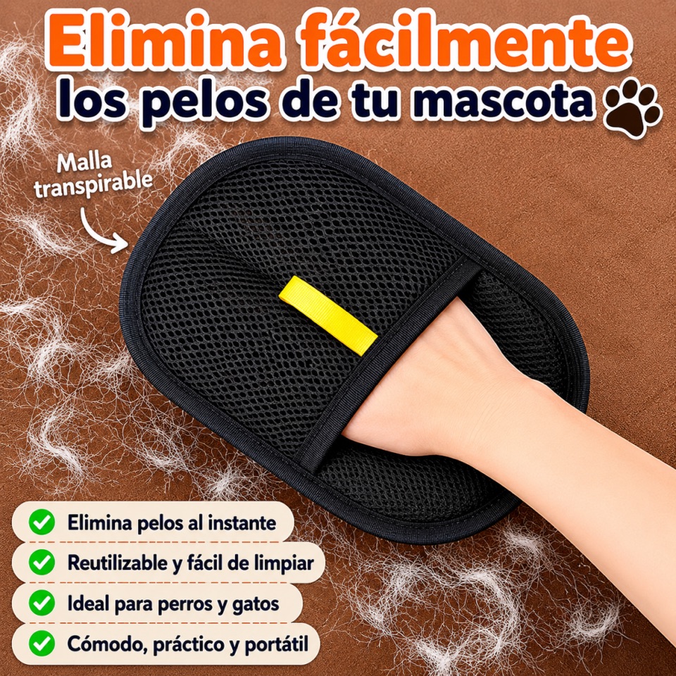 Mano con el guante quitapelos de malla negra sobre un textil con pelos de mascota